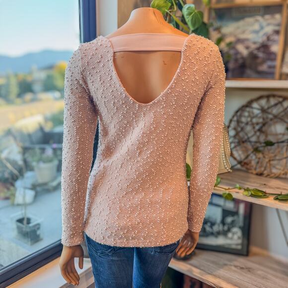Jennifer Lopez, Blush Pink Boucle Long Sleeve Top w/ Open Back, Women's Small - Picture 2 of 10